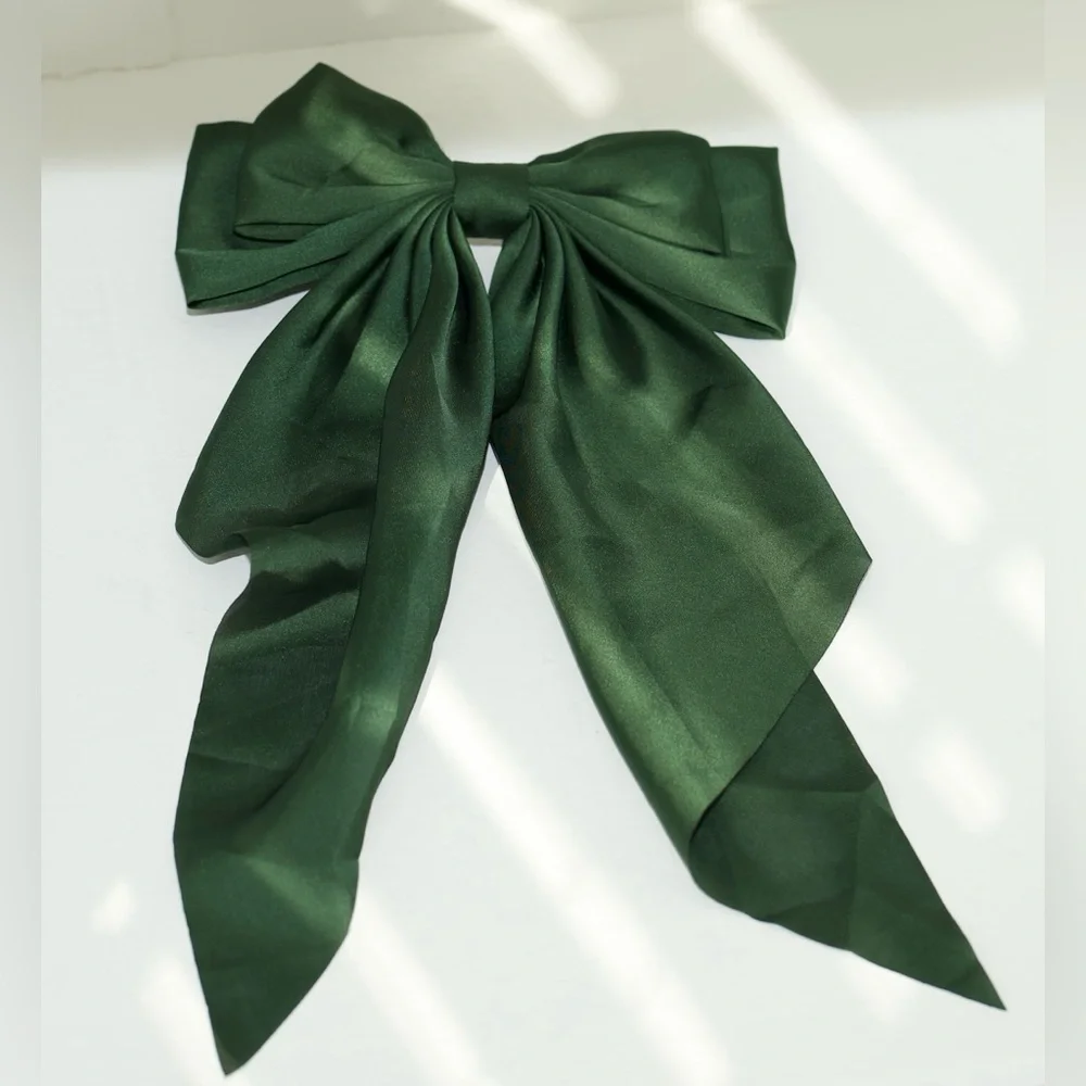 Elegant Dark‎ Green Satin Bow Barrette Hair Accessory